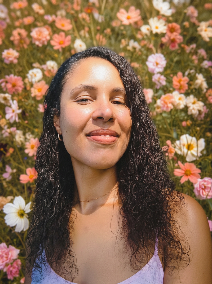 Naudia, founder of Bloom, smiling in a field of cosmos flowers