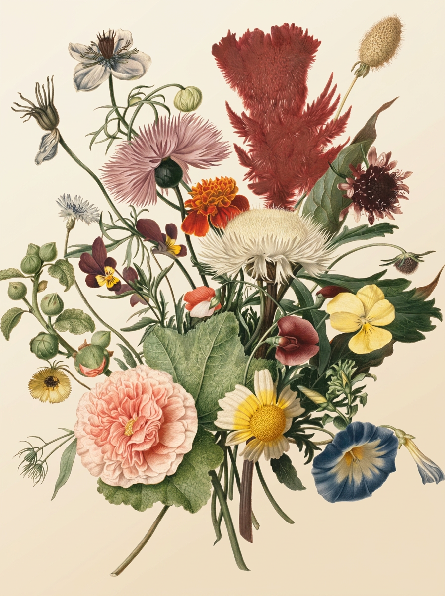 A botanical illustration of a gathered bouquet: pink peony, celosia, thistle, pansies, daisies and morning glories